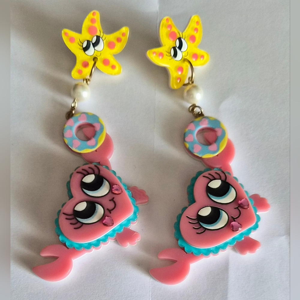 Irregular Choice Yellow Pink Blue Playful Heart-Crab Drop Earrings